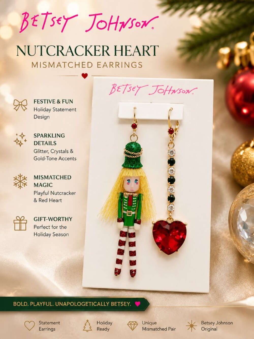 Betsey Johnson Nutcracker Heart Mismatched Earrings Green Red Gold Holiday
